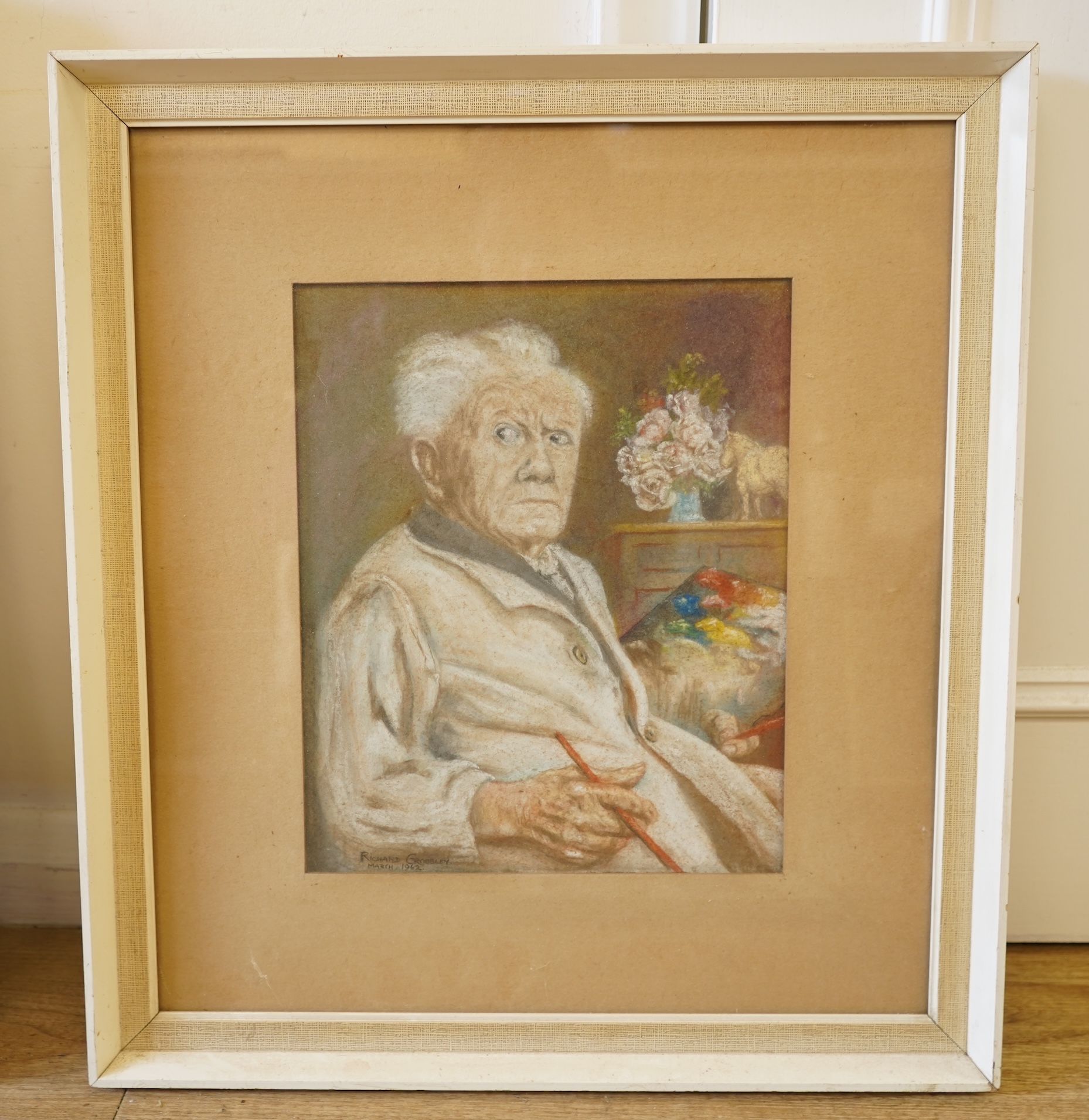 Richard Crossley (20th. C), Portrait of Arthur Spooner, ‘Remember that', signed and dated March 1962, Museum and Art Gallery of Nottingham inscribed label verso, pastel, together with photograph of the sitter at work, 30